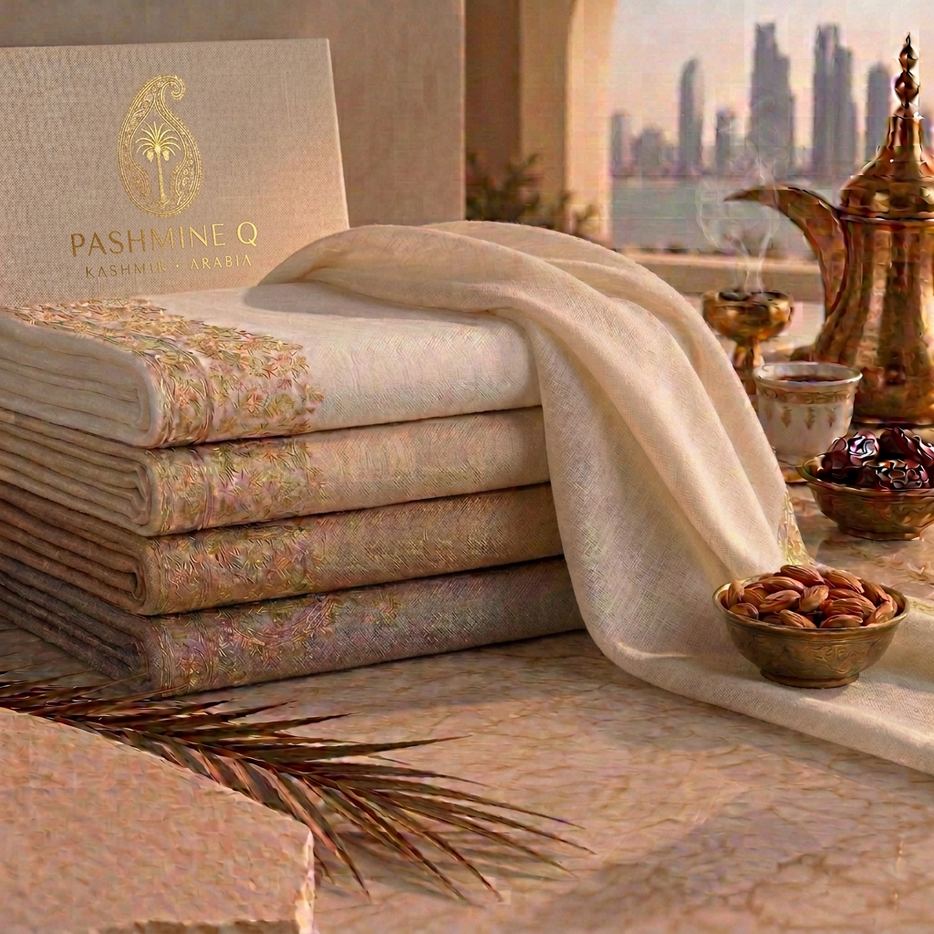 Stacked finest Kashmiri pashmina gutra fabrics in ivory, sand, camel and taupe with gold paisley embroidery, one piece unfurled, with Arabic coffee and dates against a Gulf skyline