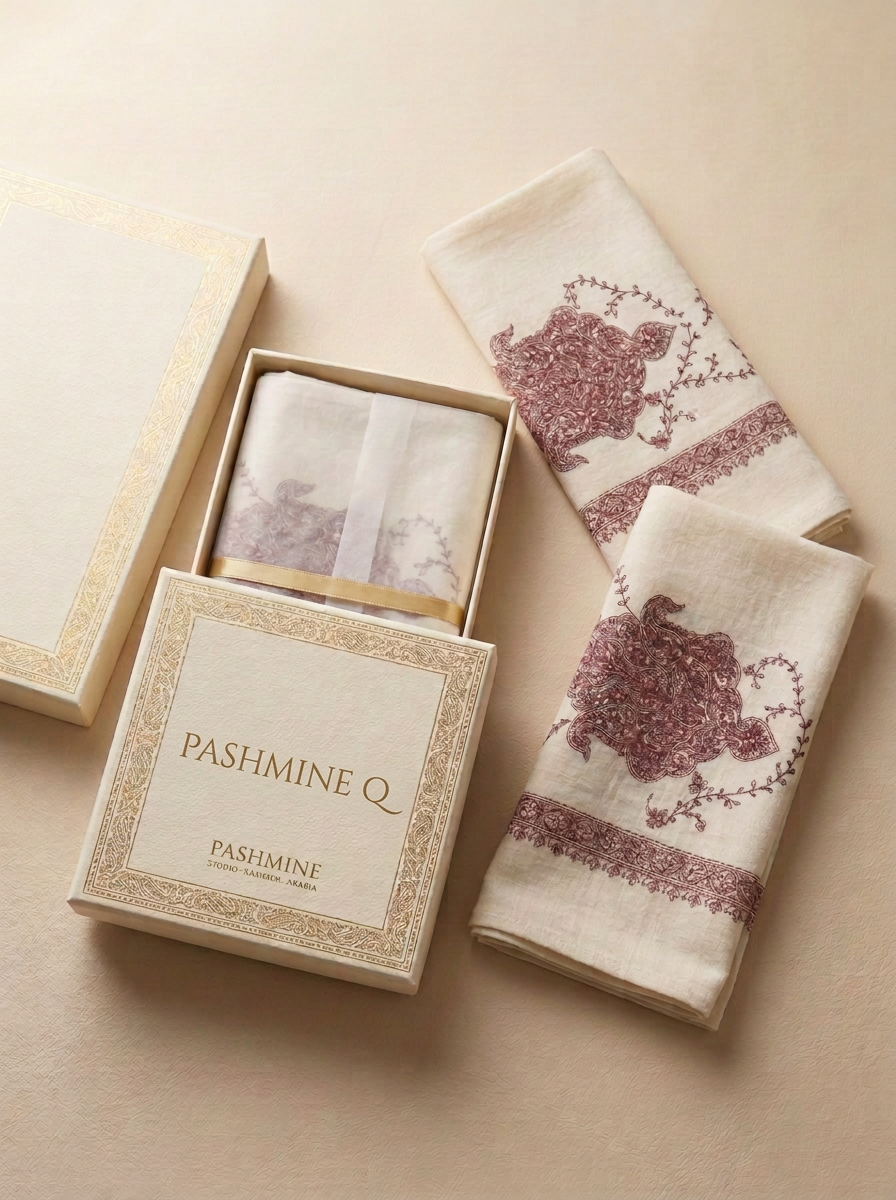 Folded cream pashmina gutra with deep burgundy sozni paisley medallion and border