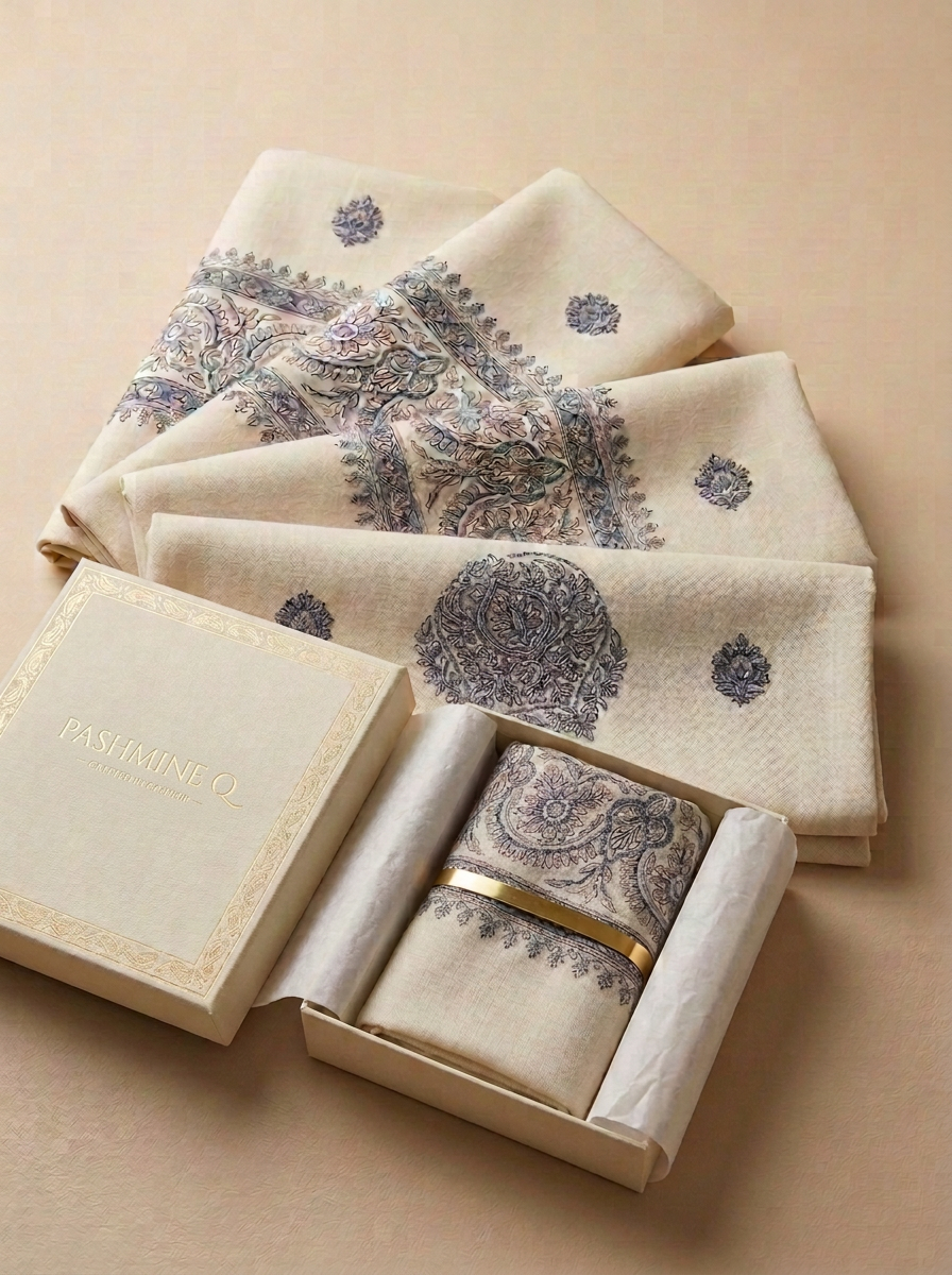Cream pashmina folded gutra with indigo jamawar embroidered border