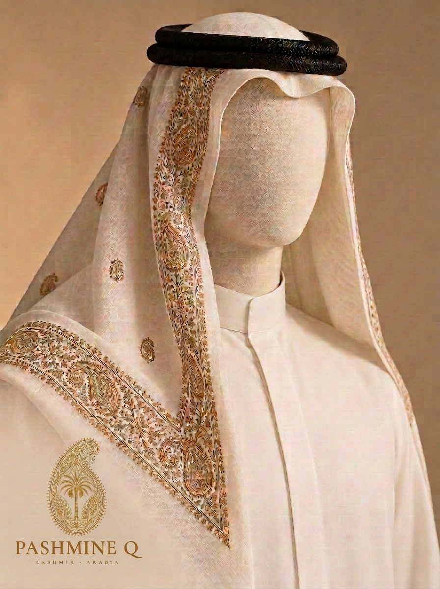 Faceless mannequin wearing an elegant off-white Kashmiri pashmina gutra with elaborate multi-coloured sozni hand embroidery, central medallion and a black agal