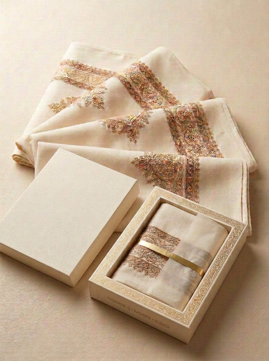 Cream pashmina folded gutra with amber embroidered paisley border